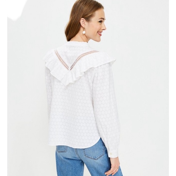 New LOFT White Cotton Romantic Ruffled Prairie Button Down Shirt Medium - Picture 3 of 12